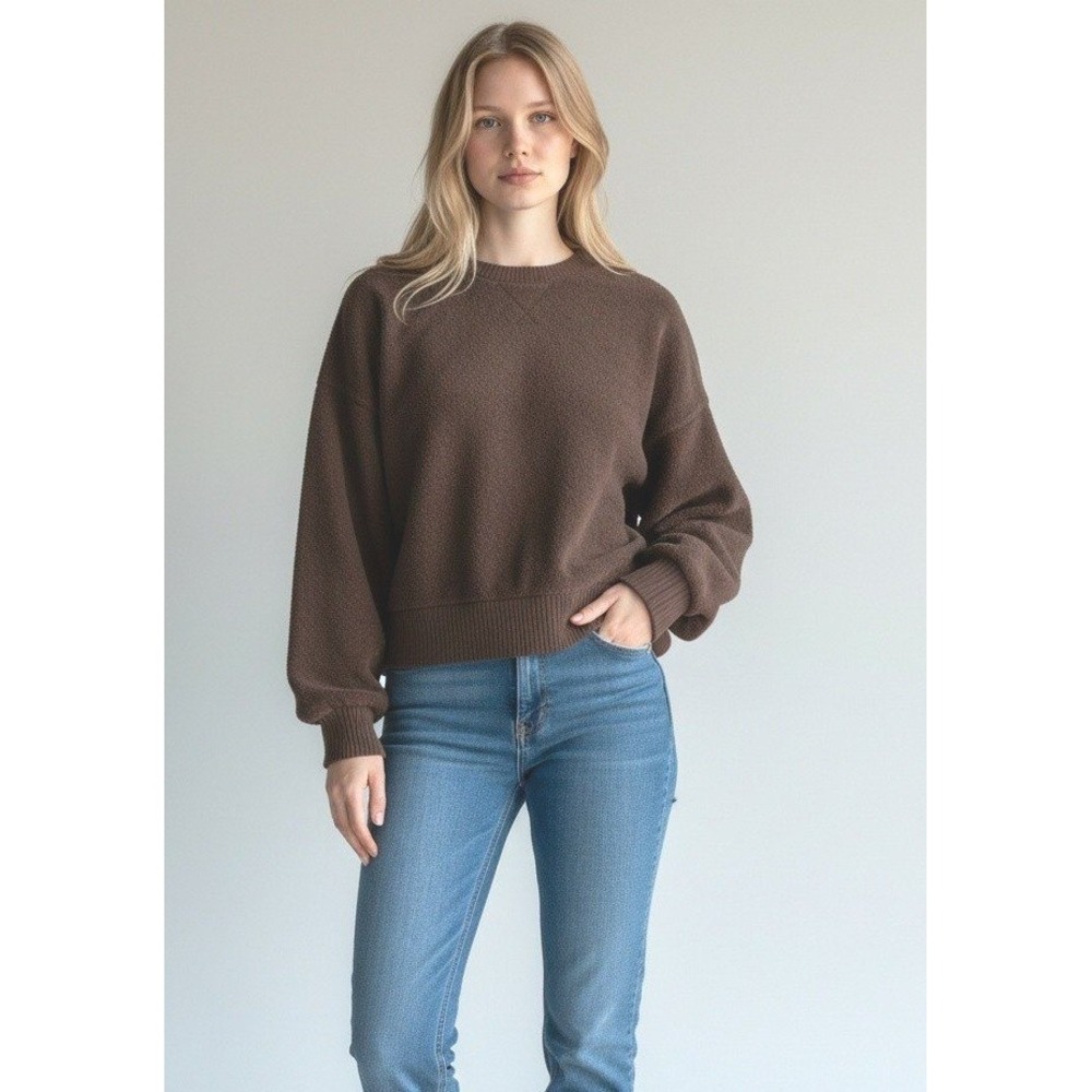 Auden Women Brown Textured Fleece Crewneck Sweatshirt Relaxed Cropped Small